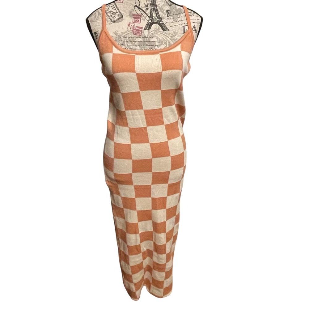 Chic Orange and Cream Checkered Maxi Dress